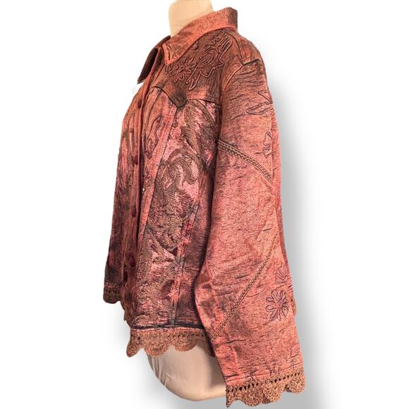 Vintage Flashback Embroidered Copper Jacket 3X Boho Crochet Hem Sequin Details - Picture 6 of 13